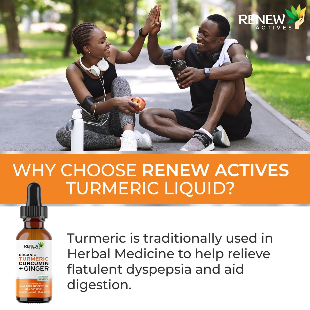 Extrait Liquide de Curcuma Renew Actives sur un fond neutre