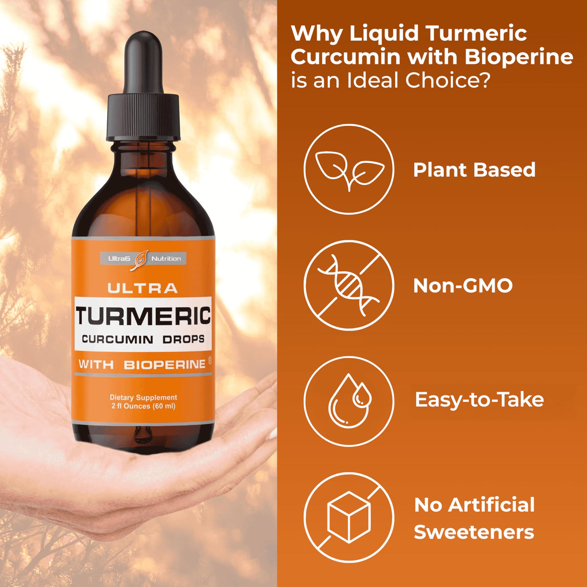 Extrait liquide de curcuma Ultra6 Nutrition 95% curcuminoïdes, gouttes dans un verre