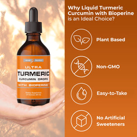 Extrait liquide de curcuma Ultra6 Nutrition 95% curcuminoïdes, gouttes dans un verre