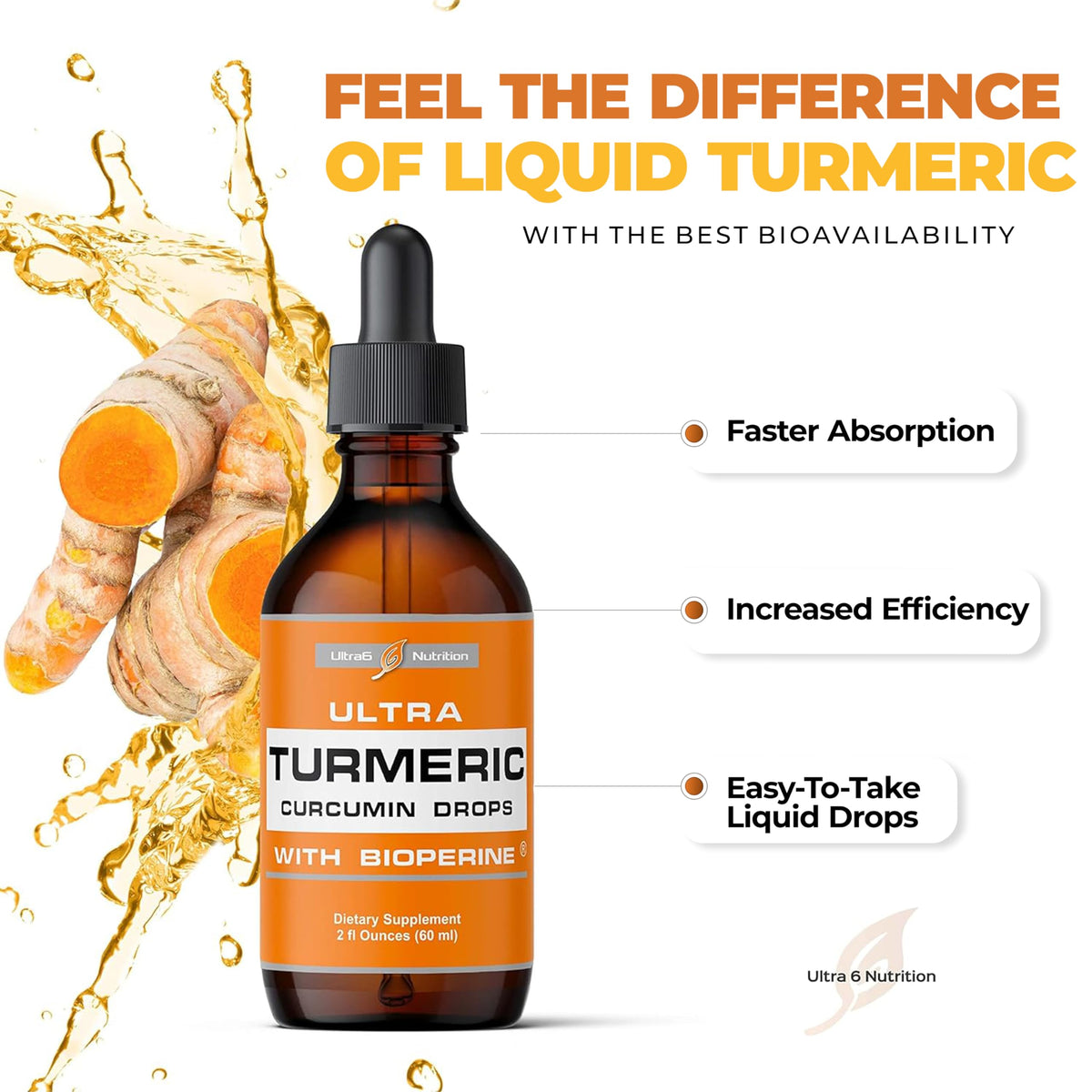 Extrait liquide de curcuma Ultra6 Nutrition sur une table avec des épices