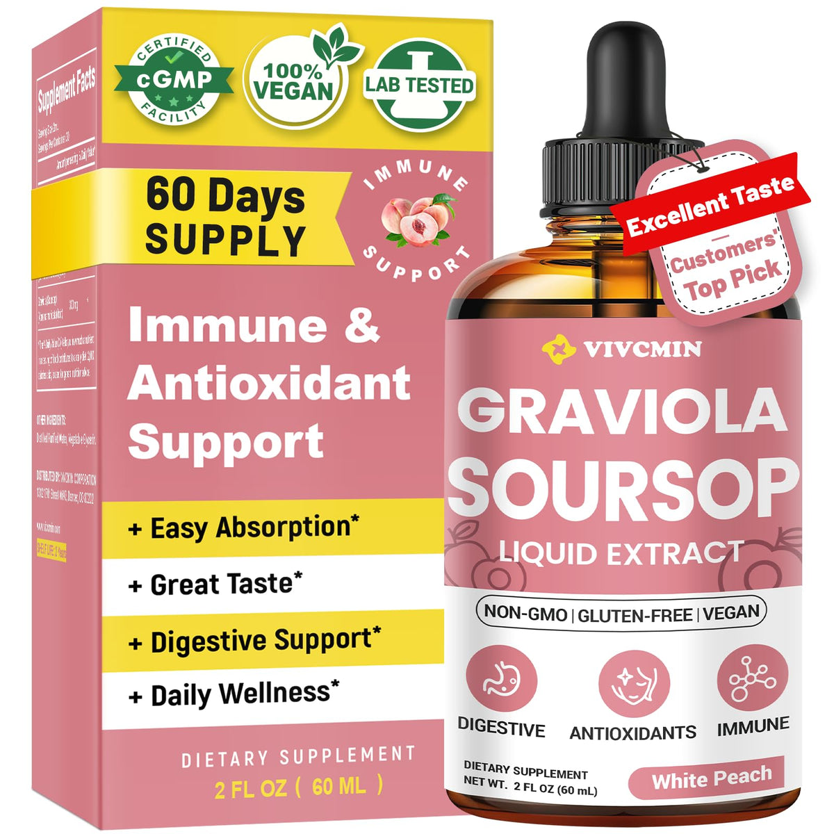 Extrait liquide de feuille de graviola vivcmin 60 ml, saveur pêche blanche, vue de face