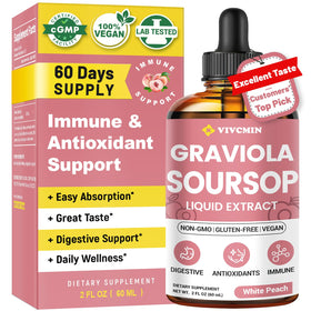 Extrait liquide de feuille de graviola vivcmin 60 ml, saveur pêche blanche, vue de face
