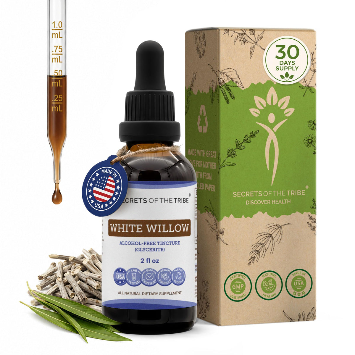 Extrait liquide de saule blanc Secrets of the Tribe 60 ml vue avant