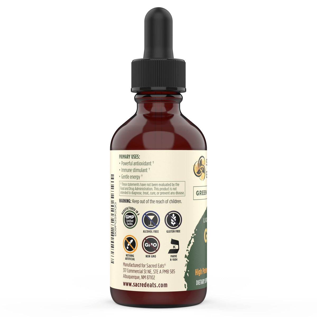 Extrait liquide de thé vert Sacred Eats avec compte-gouttes