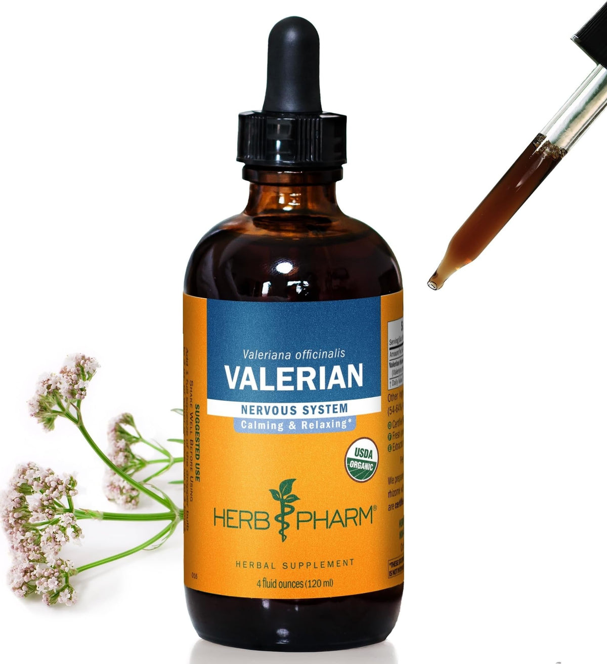 Extrait liquide de valériane Herb Pharm 4 oz, vue avant du flacon