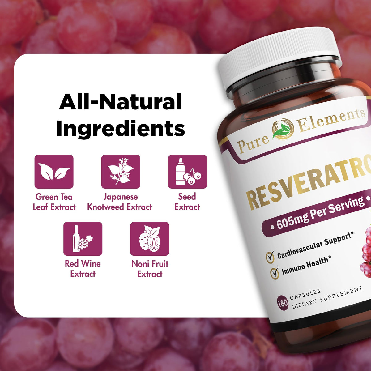 Extraits de raisin et thé vert en arrière-plan du flacon de Resveratrol