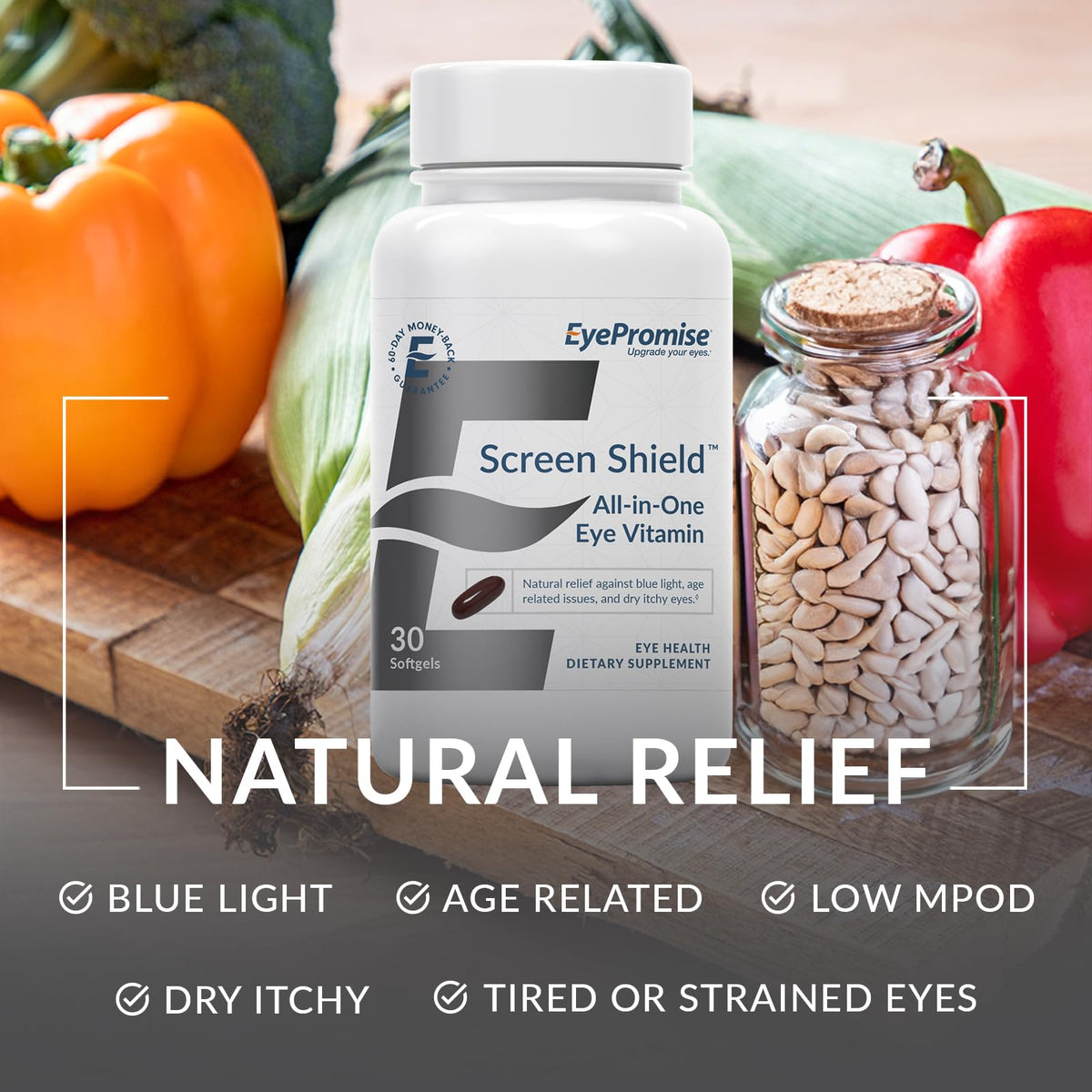 EyePromise Screen Shield gélules avec un verre d'eau