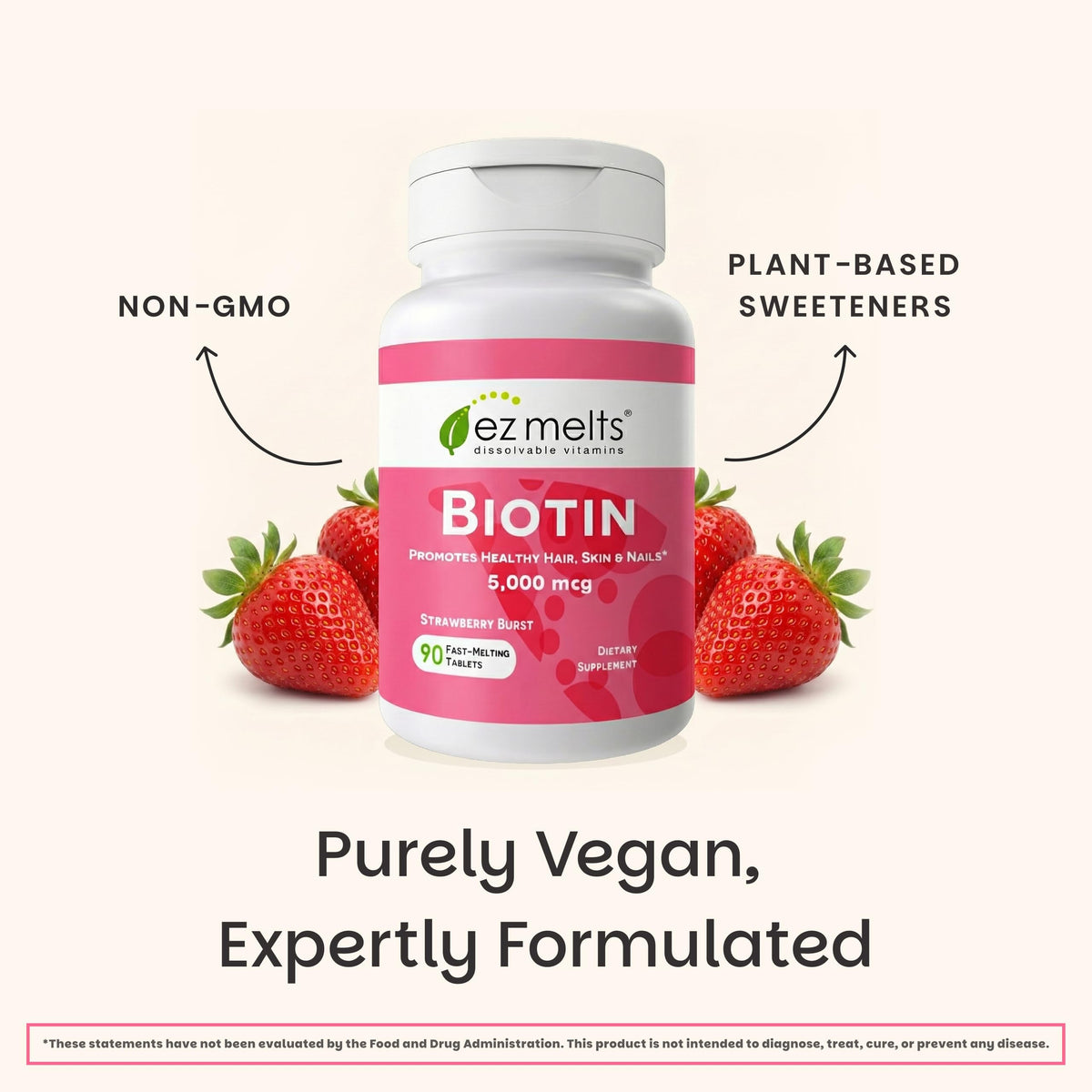EZ Melts Biotine 5 000 mcg, mise en scène avec des fruits