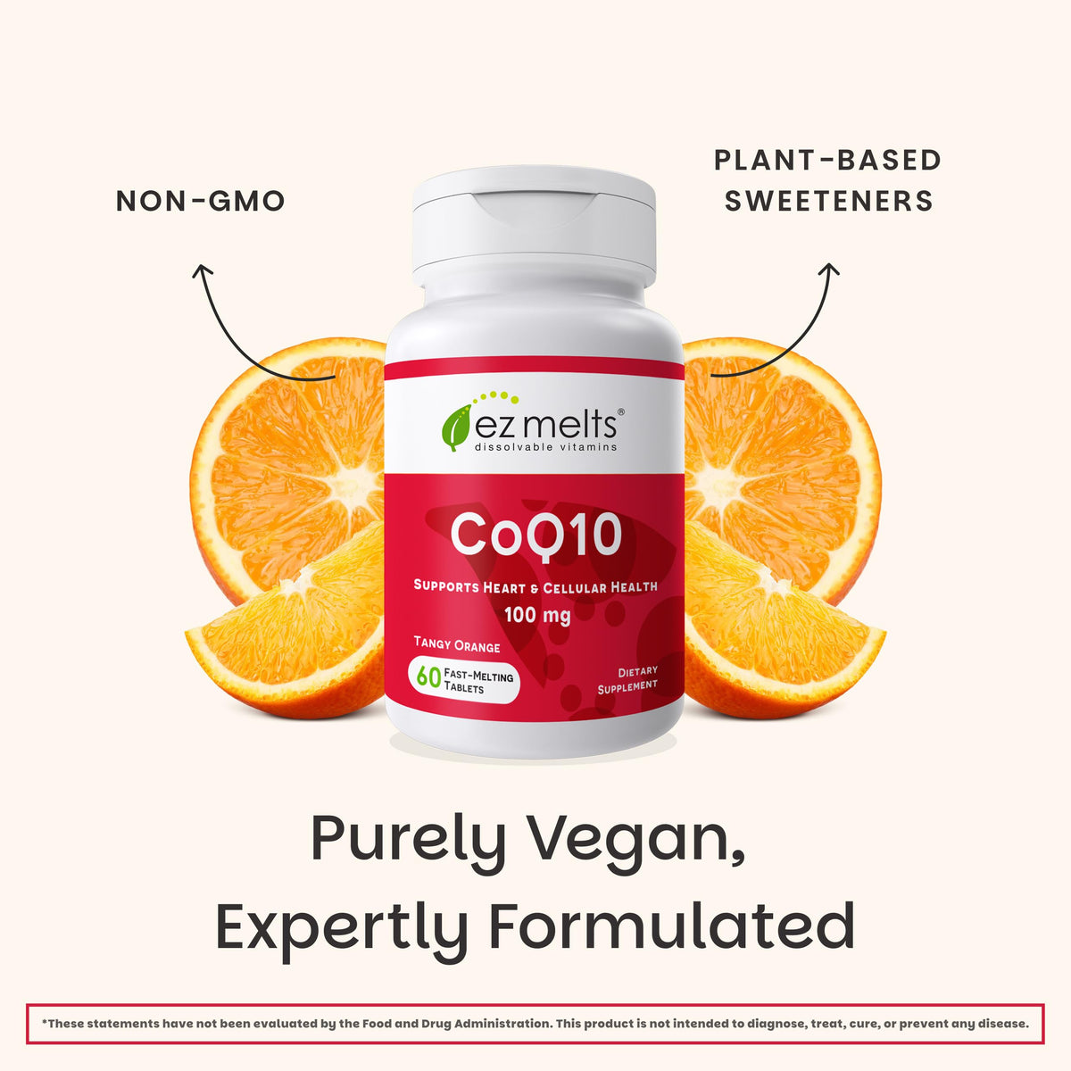 EZ Melts CoQ10 100 mg 60 comprimés orange sur une table