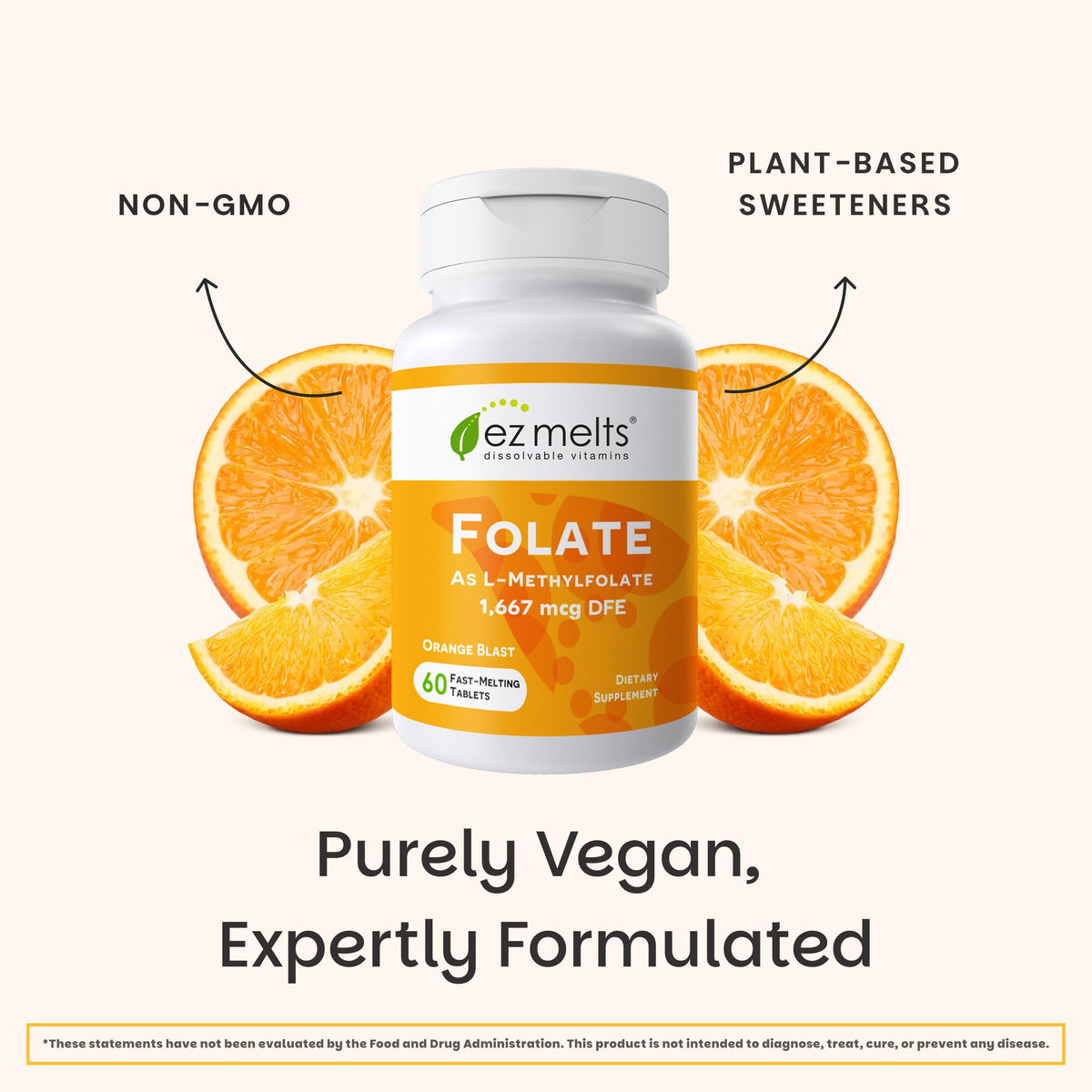 EZ Melts Folate 60 comprimés sur fond blanc