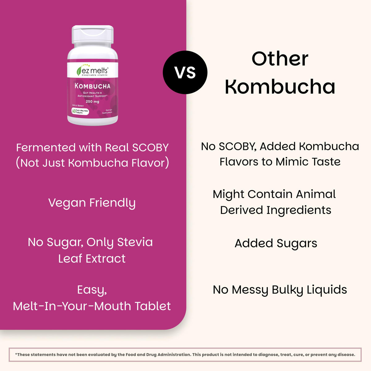 EZ Melts Kombucha Dissolvable 250 mg, Pomme Baie, comprimés sur une table
