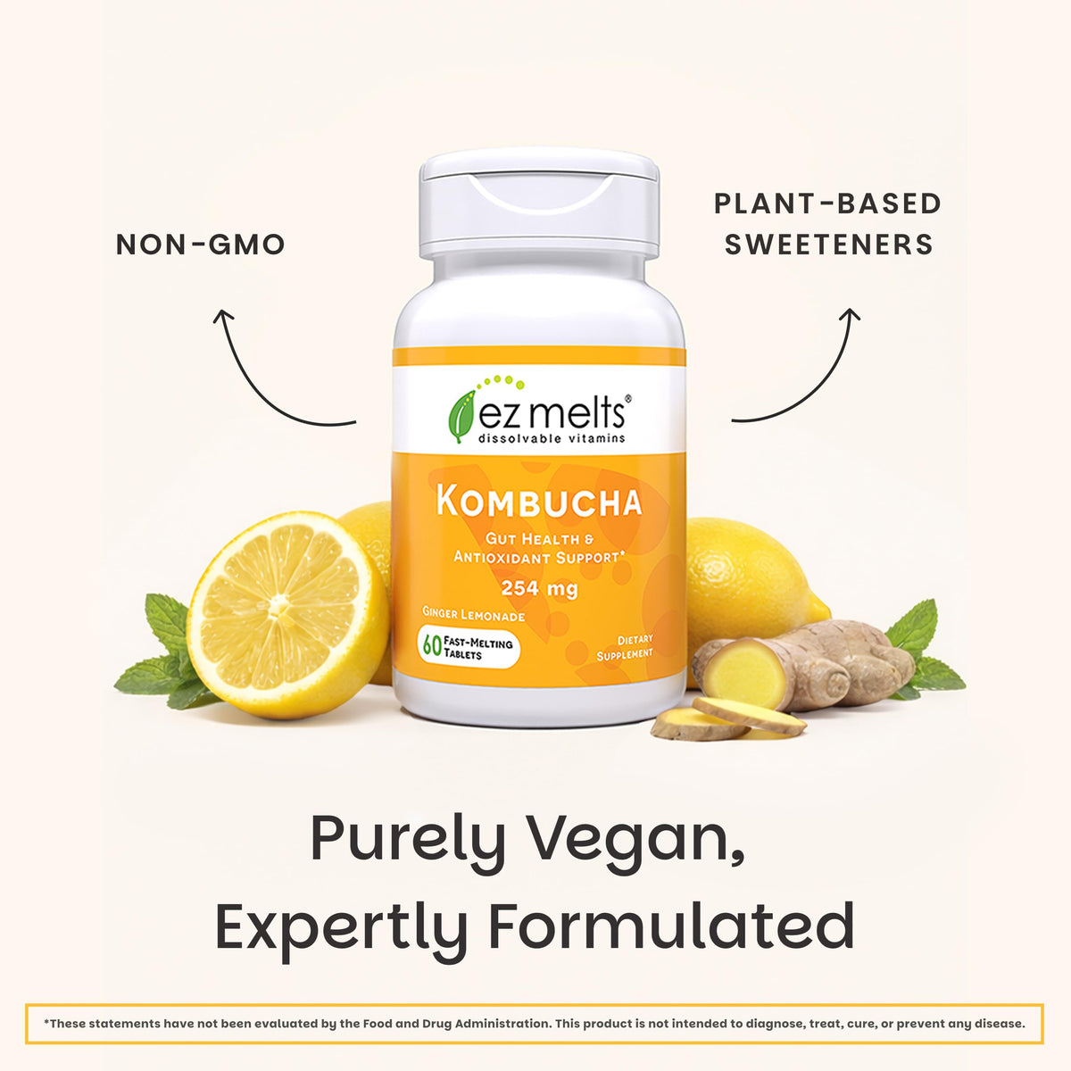 EZ Melts Kombucha Dissolvable 254 mg Citron Gingembre, boîte ouverte avec comprimés visibles
