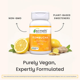 EZ Melts Kombucha Dissolvable 254 mg Citron Gingembre, boîte ouverte avec comprimés visibles