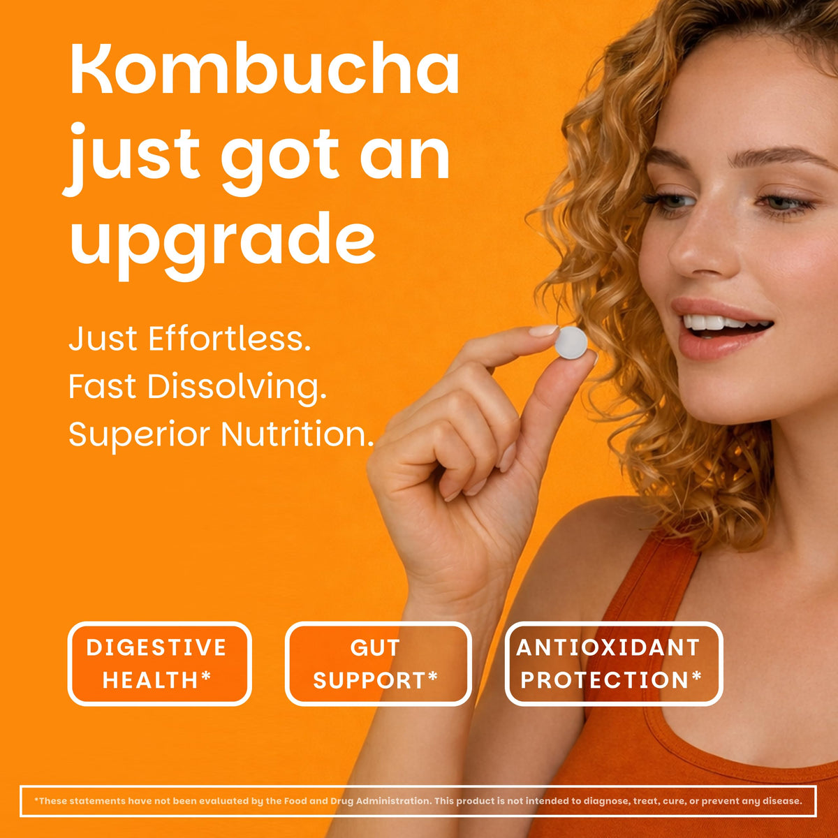 EZ Melts Kombucha Dissolvable 254 mg Citron Gingembre, comprimés sur une cuillère