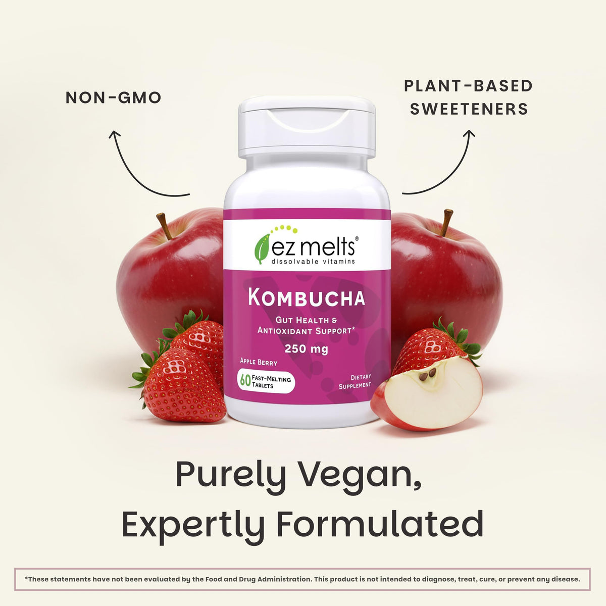 EZ Melts Kombucha Dissolvables 250 mg, Pomme Baie, emballage arrière