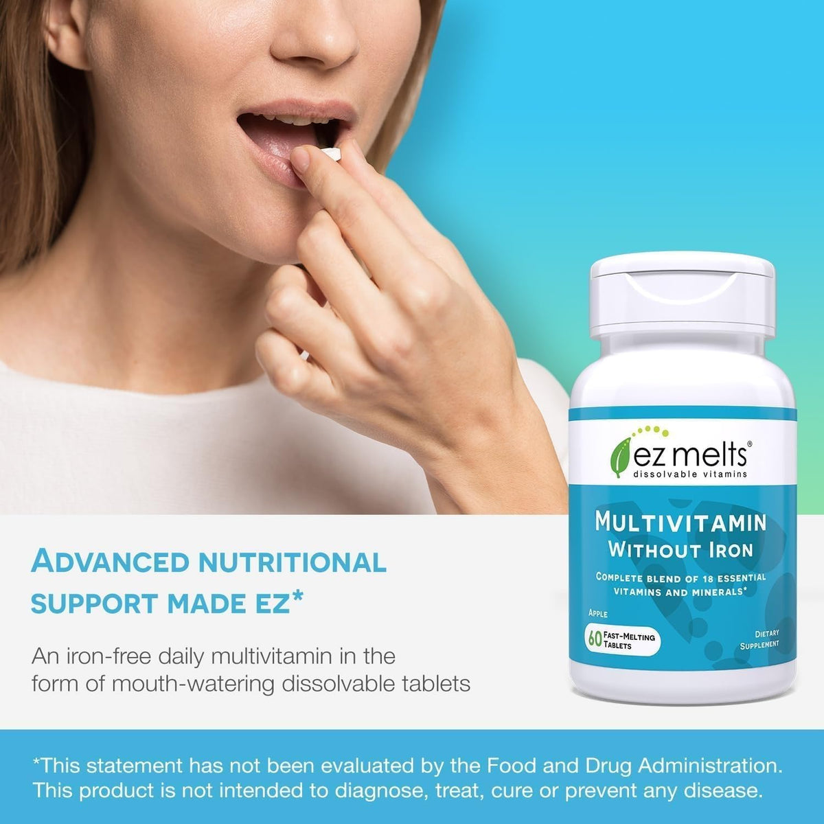 EZ Melts Multivitamine sans Fer 120 Comprimés Saveur Pomme avec des fruits