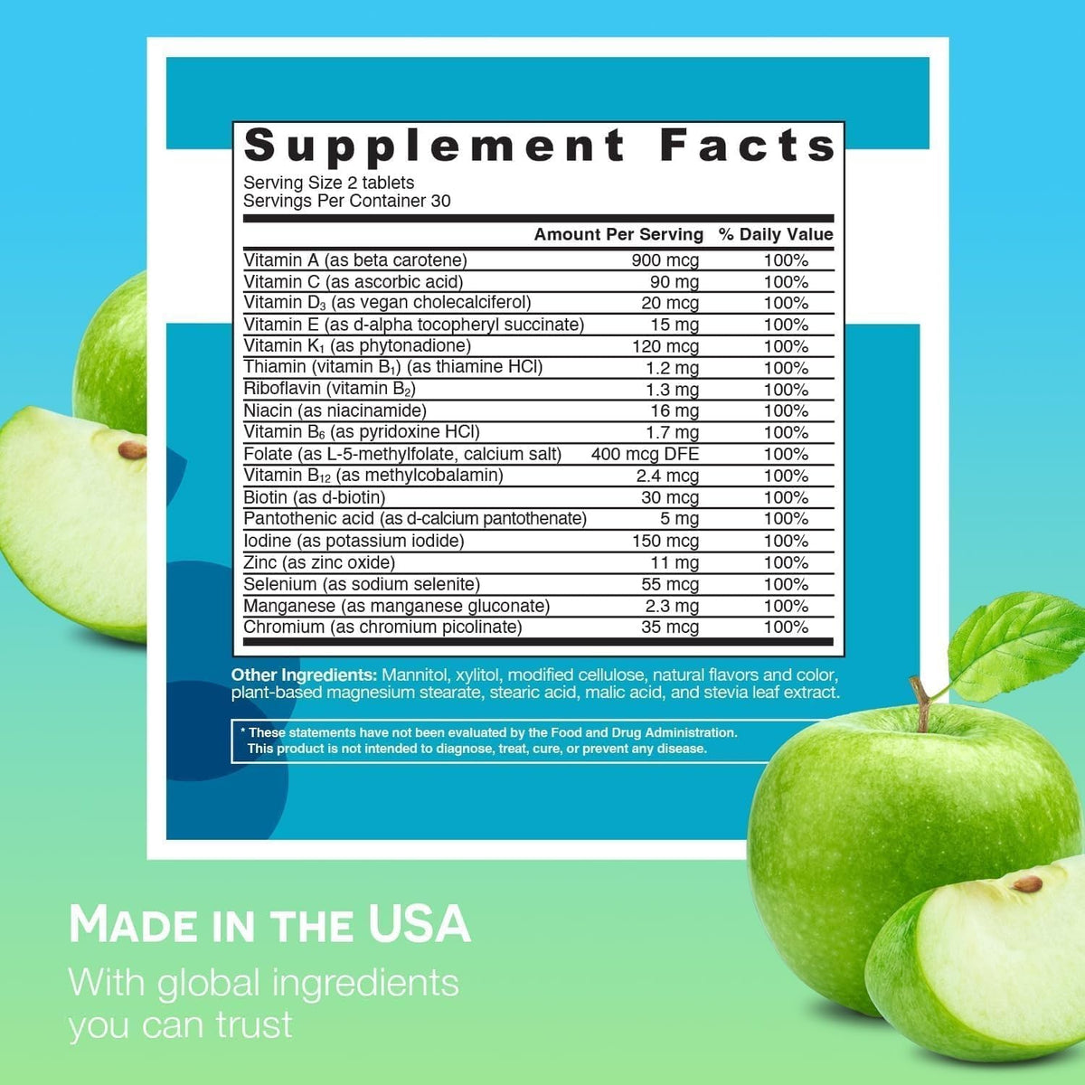 EZ Melts Multivitamine sans Fer 120 Comprimés Saveur Pomme emballage