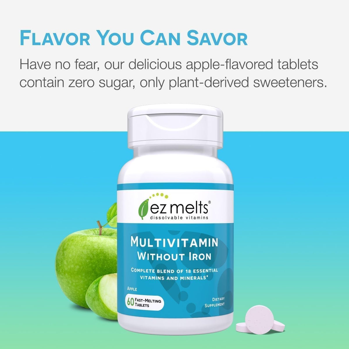 EZ Melts Multivitamine sans Fer 120 Comprimés Saveur Pomme en utilisation quotidienne