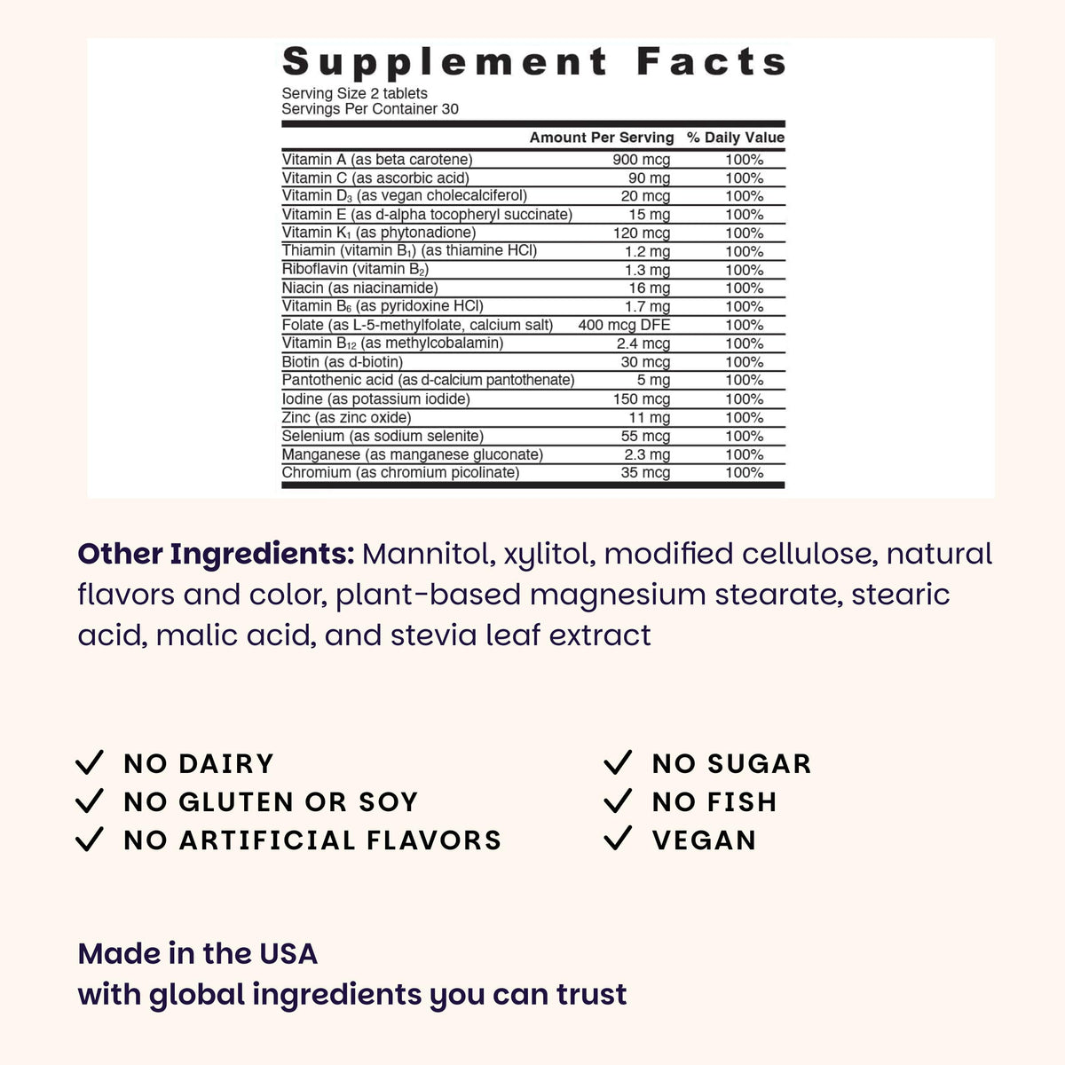 EZ Melts Multivitamine sans Fer sur une table avec des fruits