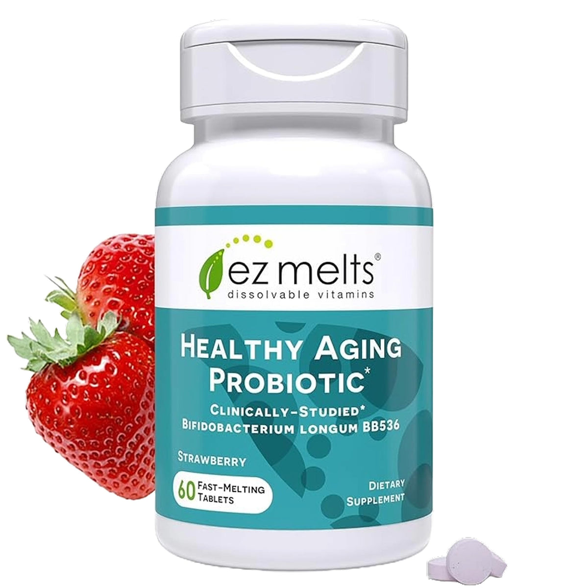 EZ Melts Probiotique pour un Vieillissement Sain 60 Comprimés Fraise - vue avant