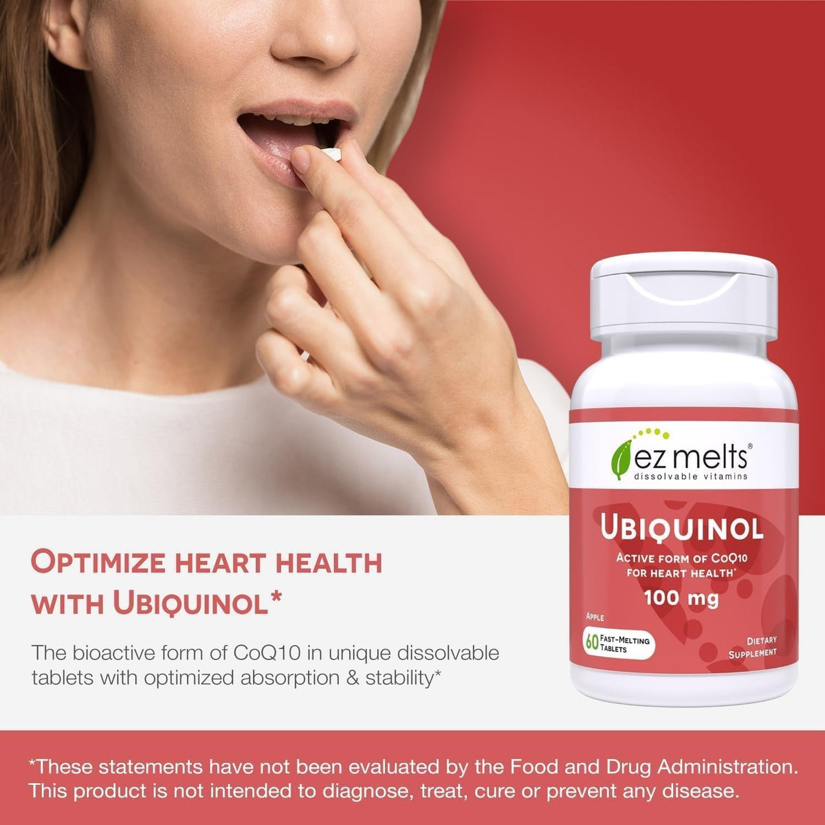 EZ Melts Ubiquinol dans une main, vue d'ensemble sur le produit