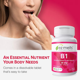 EZ Melts Vitamine B1 25 mg tablettes avec goût cerise sur fond blanc