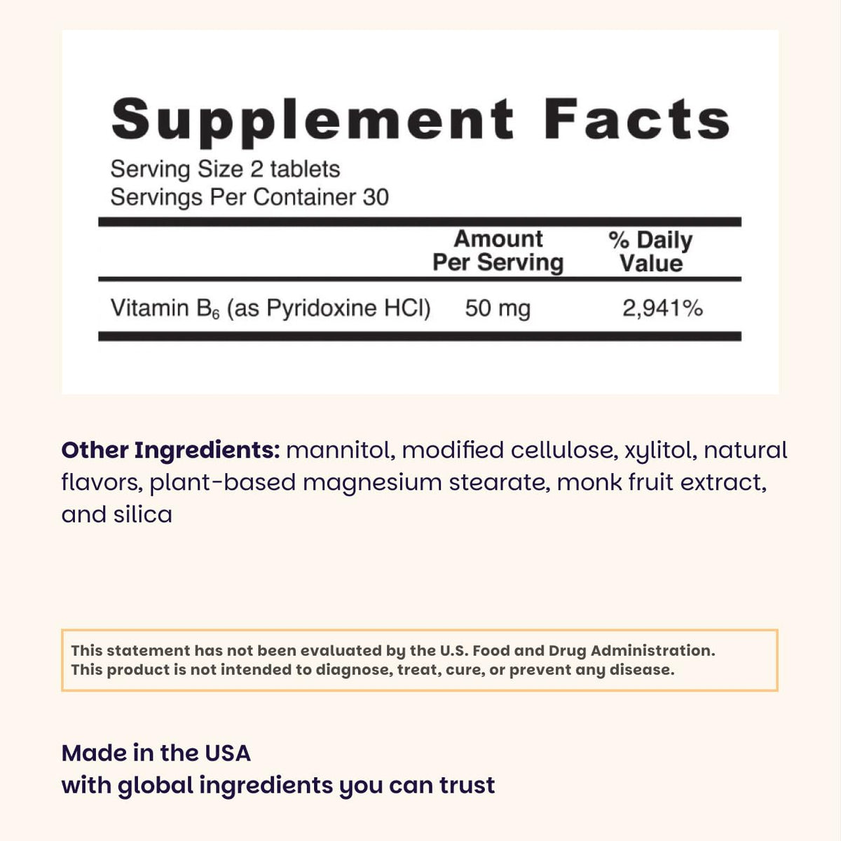 EZ Melts Vitamine B6 50 mg comprimés avec nutritionnel affiché