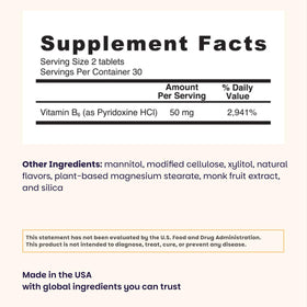 EZ Melts Vitamine B6 50 mg comprimés avec nutritionnel affiché