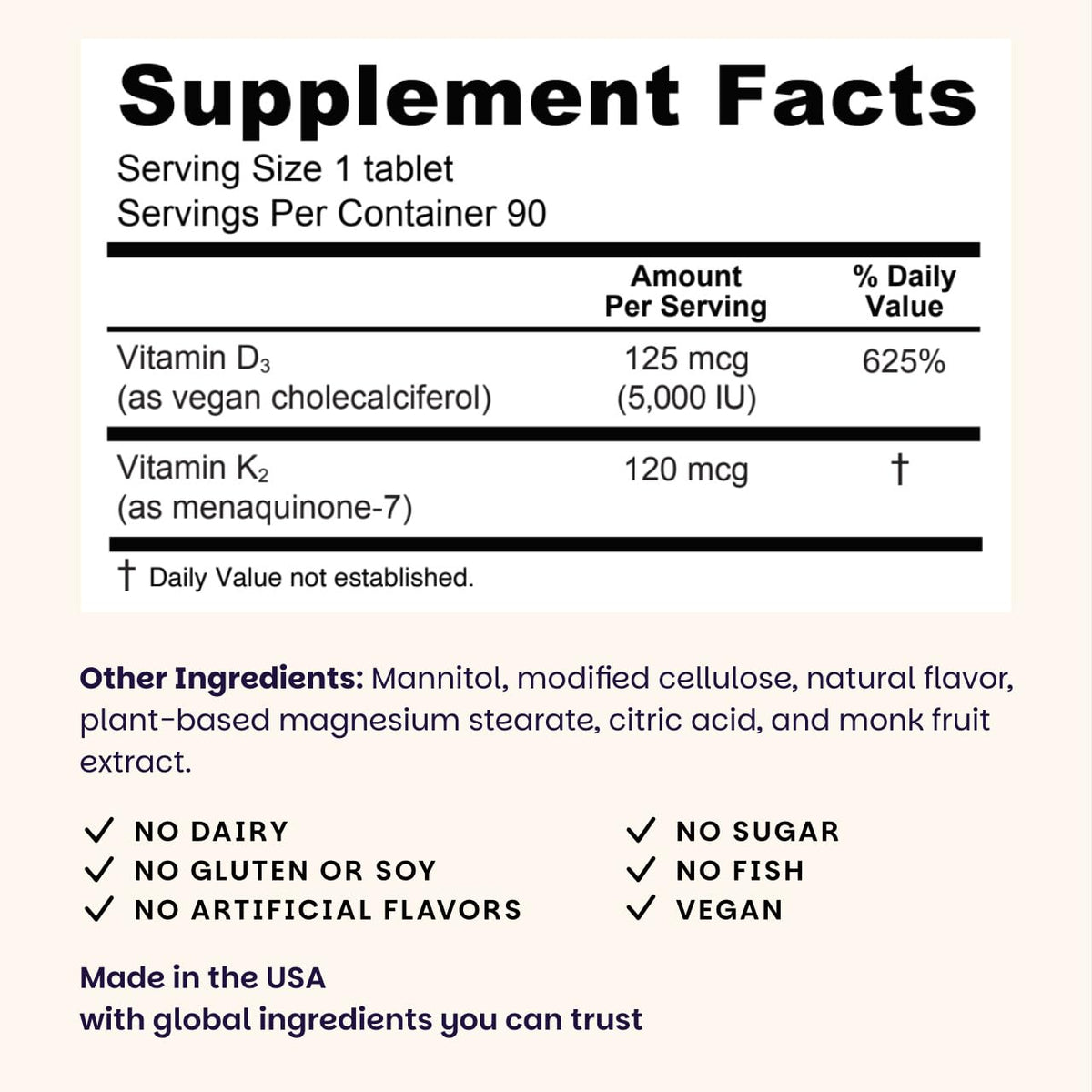 EZ Melts Vitamine D3 K2 5000 UI ingrédients sur l'étiquette