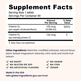 EZ Melts Vitamine D3 K2 5000 UI ingrédients sur l'étiquette