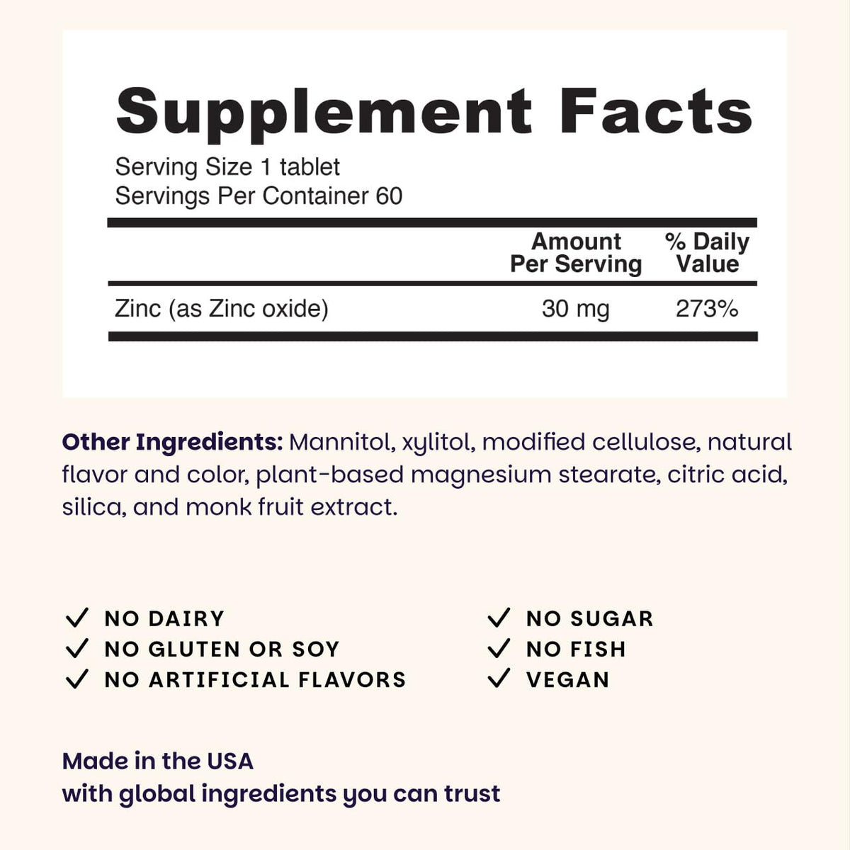 EZ Melts Zinc Dissolvables 30 mg 120 comprimés, vue arrière avec informations nutritionnelles