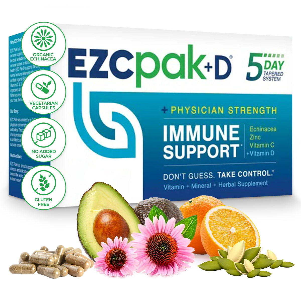 EZC Pak complément alimentaire 5 jours avec échinacée, vitamine C, zinc et vitamine D, vue de face