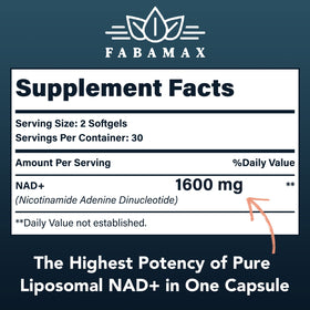 Fabamax Liposomal NAD+ 1600 mg capsules sur un fond blanc
