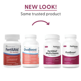 Fairhaven Health FertilAid et Ovaboost combo à côté de bouteilles d'eau