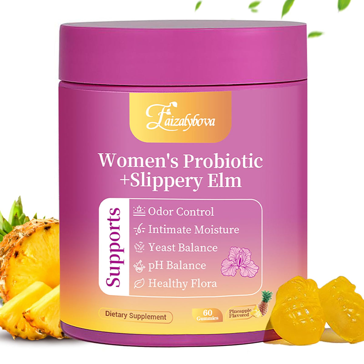 Faizalybova gummies probiotiques féminins saveur ananas, vue de face