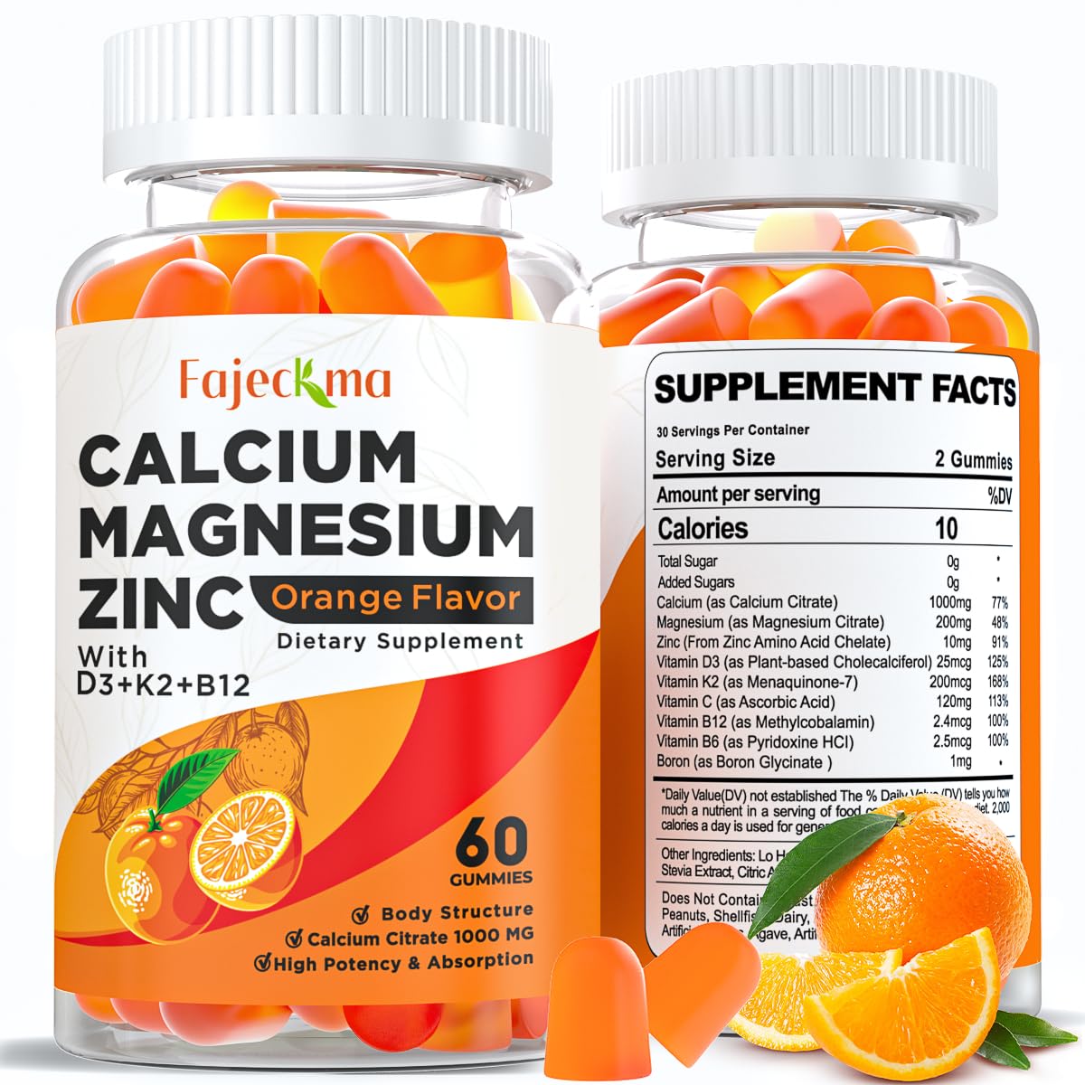 Fajeckma Calcium Gummies 1000mg Citrate orange flavor front view