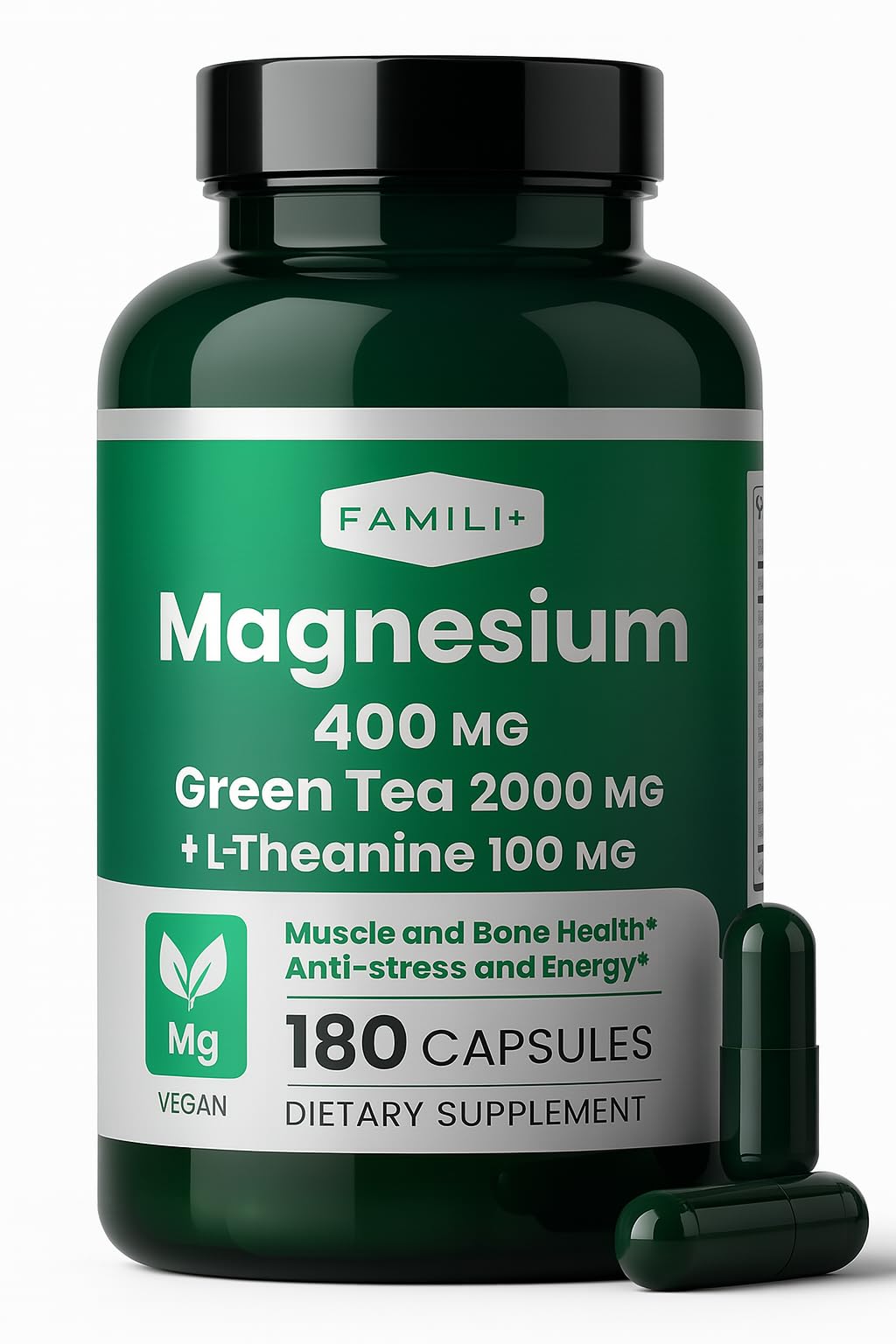 FAMILI+ Complément Alimentaire Magnésium 400mg avec Thé Vert et L-Théanine - Vue de face