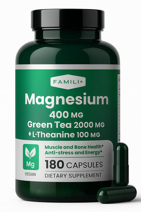 FAMILI+ Complément Alimentaire Magnésium 400mg avec Thé Vert et L-Théanine - Vue de face