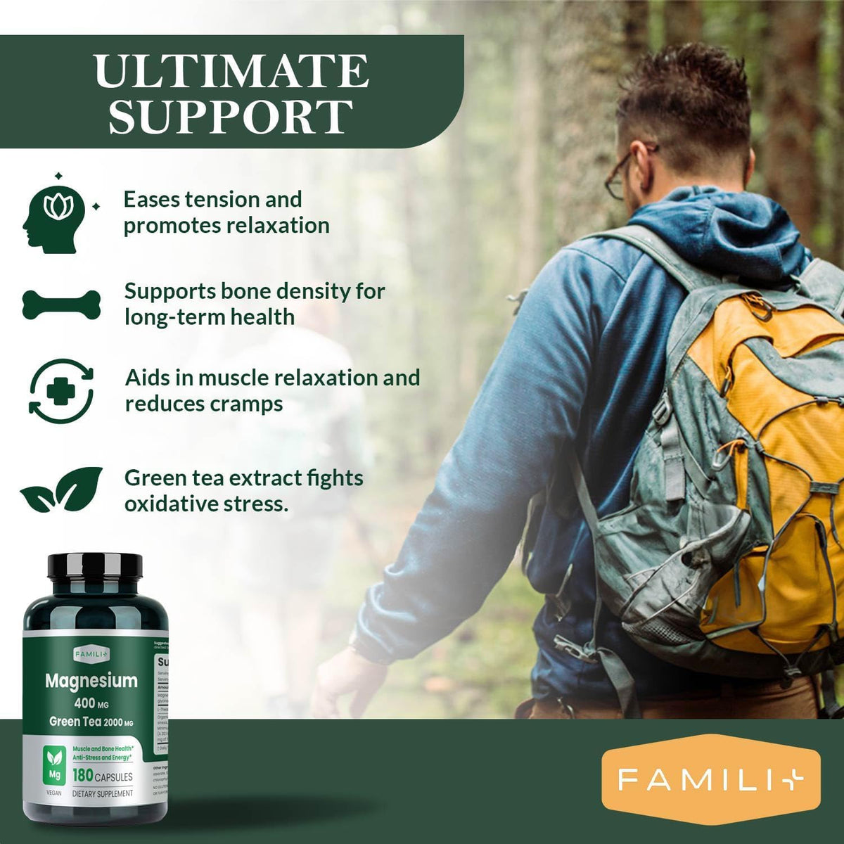 FAMILI+ Complément Alimentaire Magnésium 400mg - Capsules en bouteille