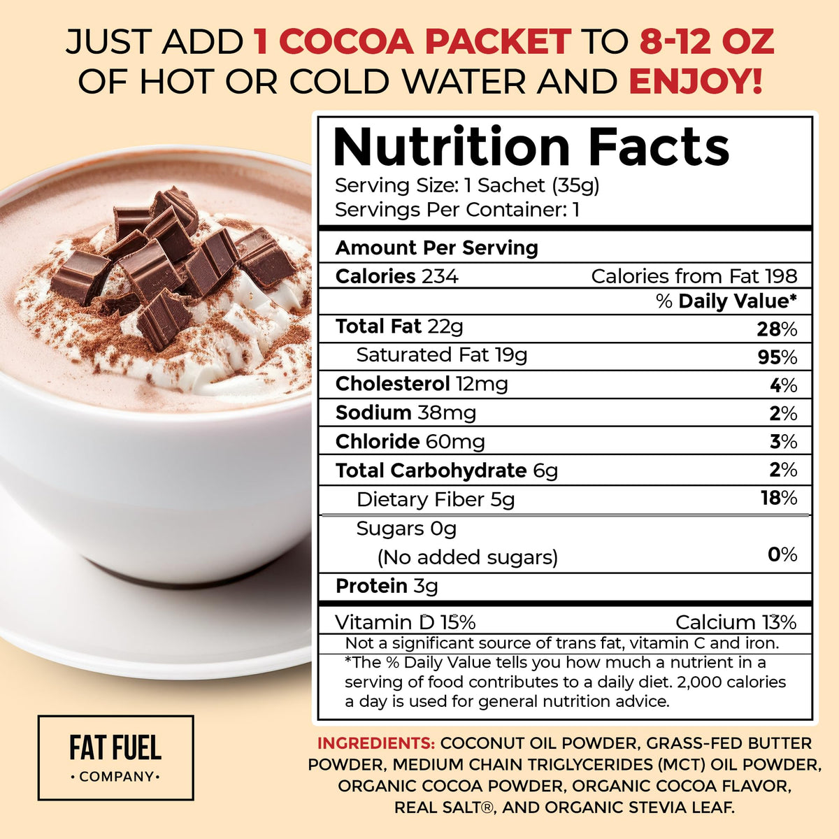 Fat Fuel Keto Cocoa 22g, boisson préparée dans un shaker