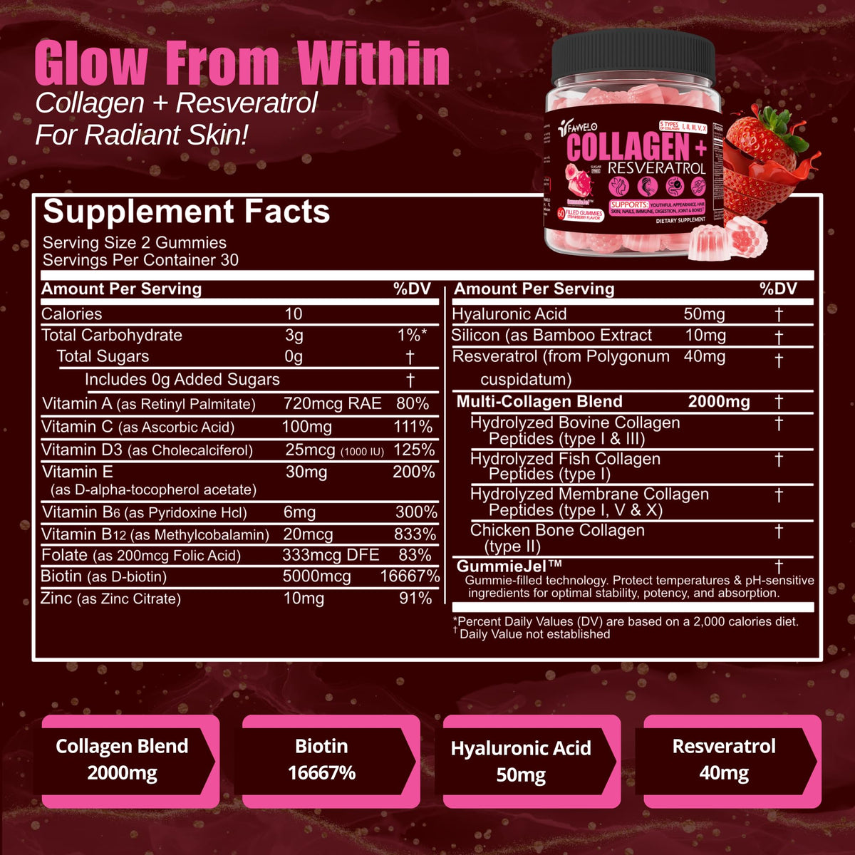 Fawelo Gummies Multi-Collagène 231g montrant la texture des gummies