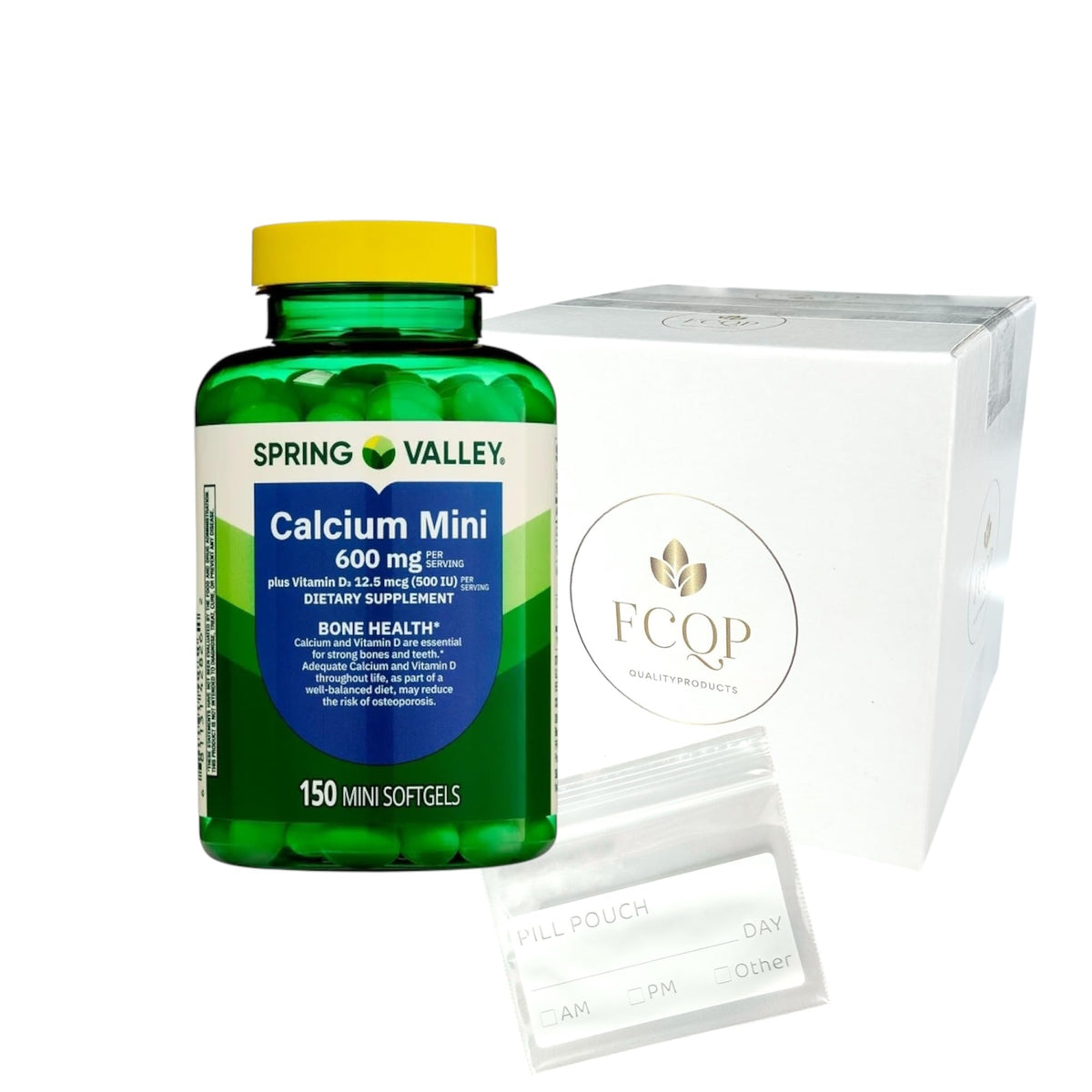 FCQP Calcium Mini 600mg avec Vitamine D3 150 softgels, boîte de face