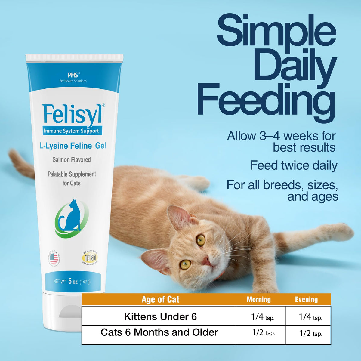 Felisyl Gel L-Lysine 5oz avec un chat curieux