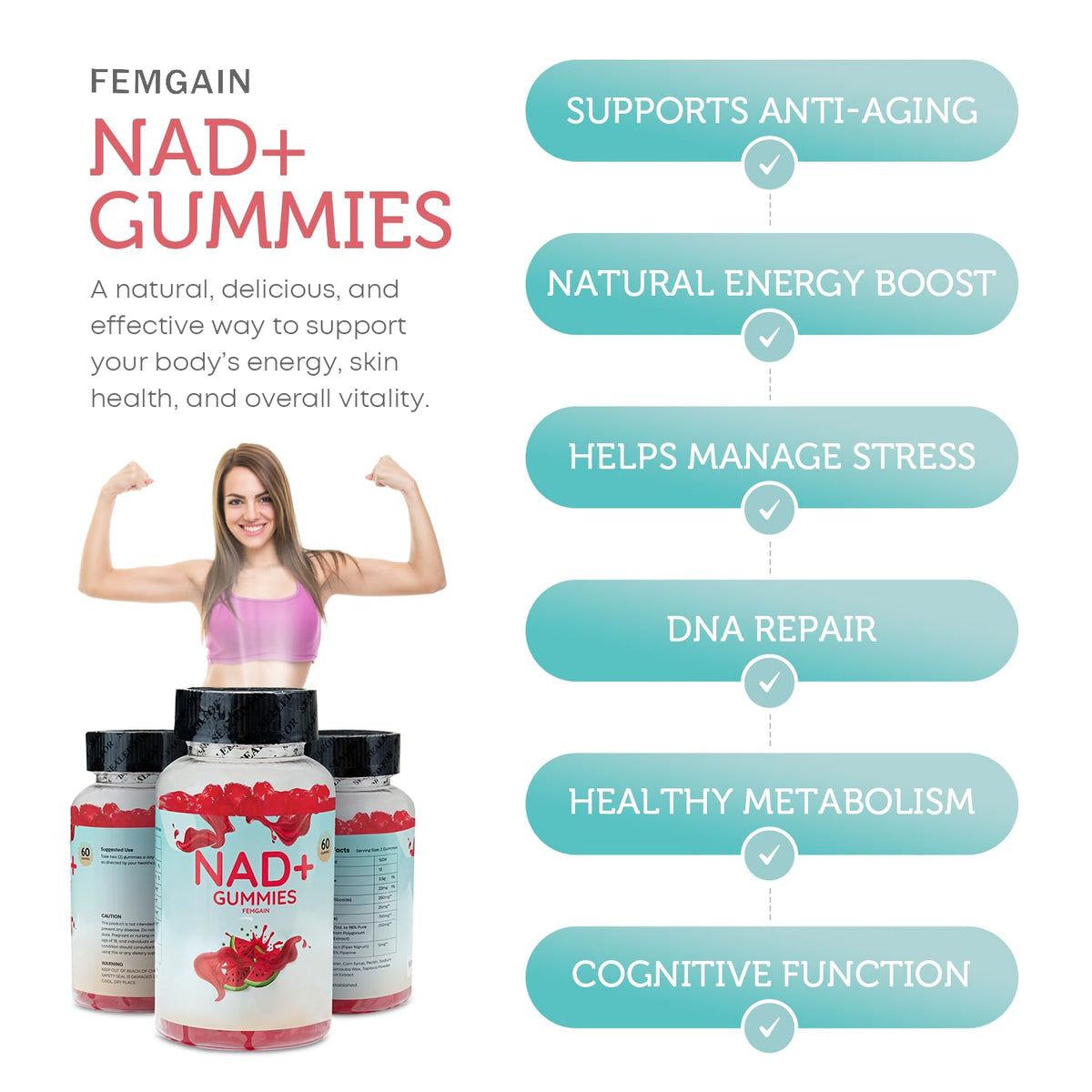 FEMGAIN Gummies NAD+ 1000MG, texture et couleur des gummies