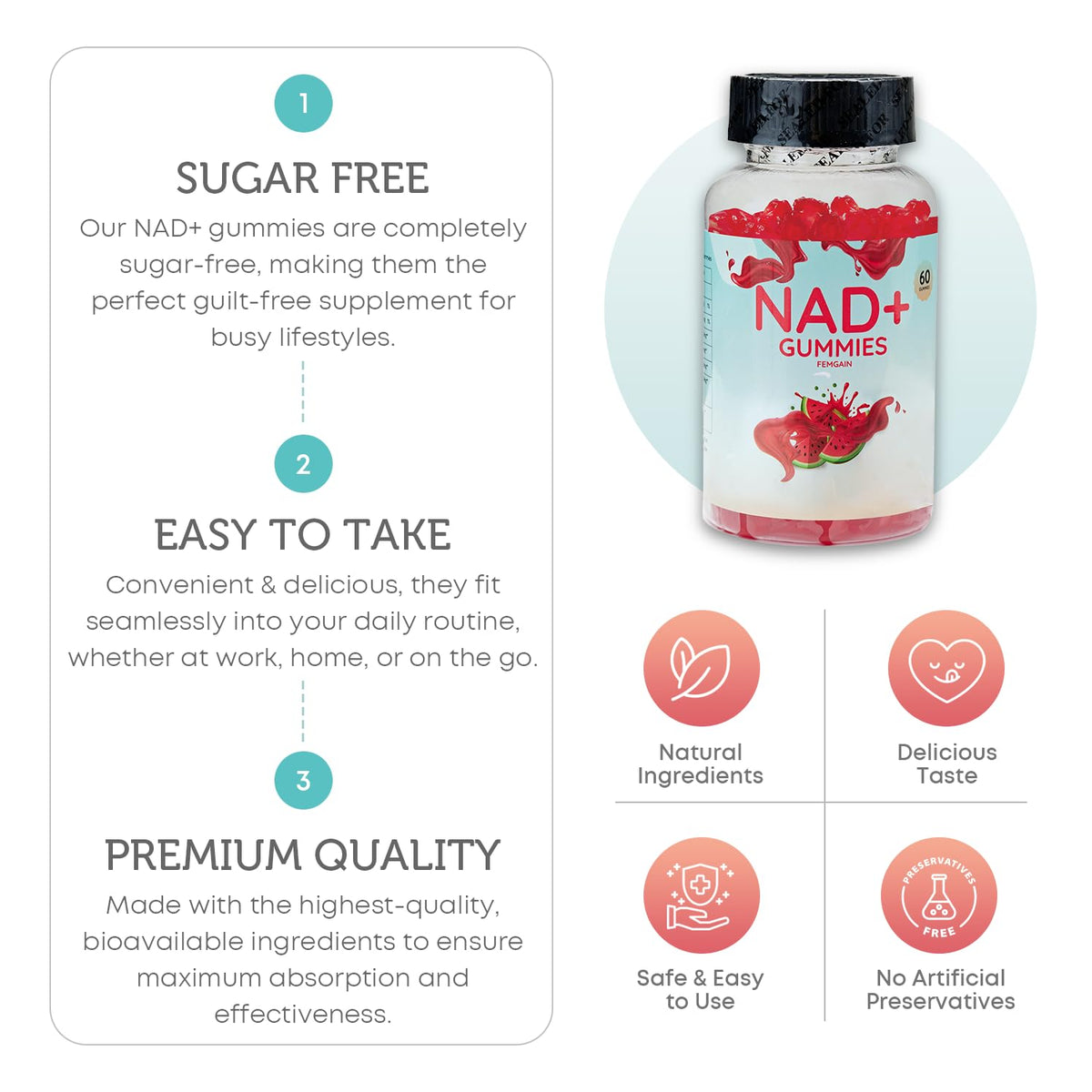 FEMGAIN Gummies NAD+ 1000MG, vue de côté de l'emballage