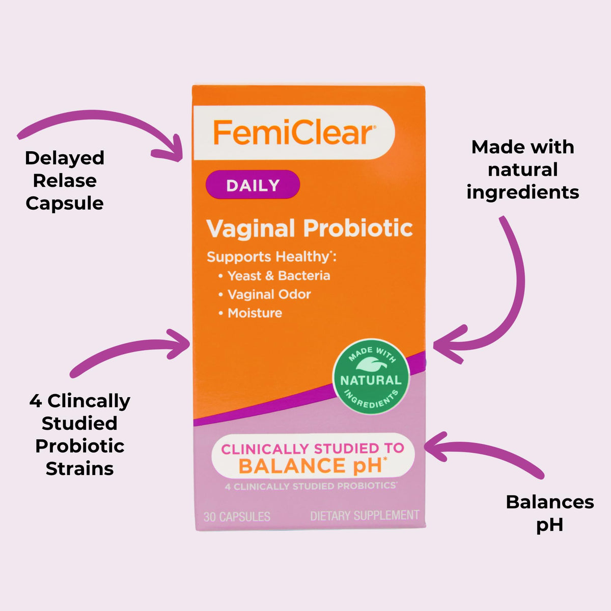 FemiClear Probiotiques Vaginales sur fond blanc