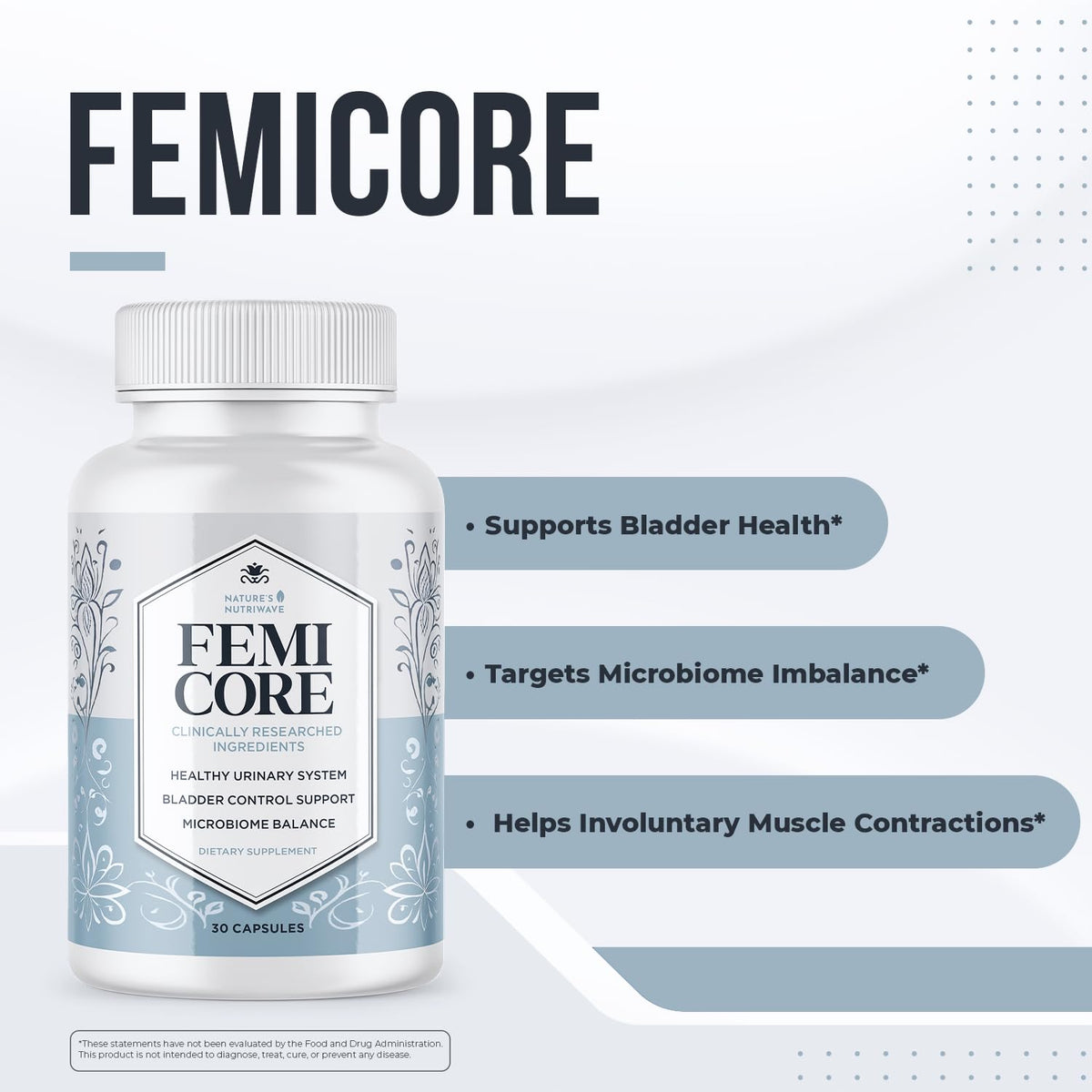FemiCore bouteille de 30 capsules, étiquette visible