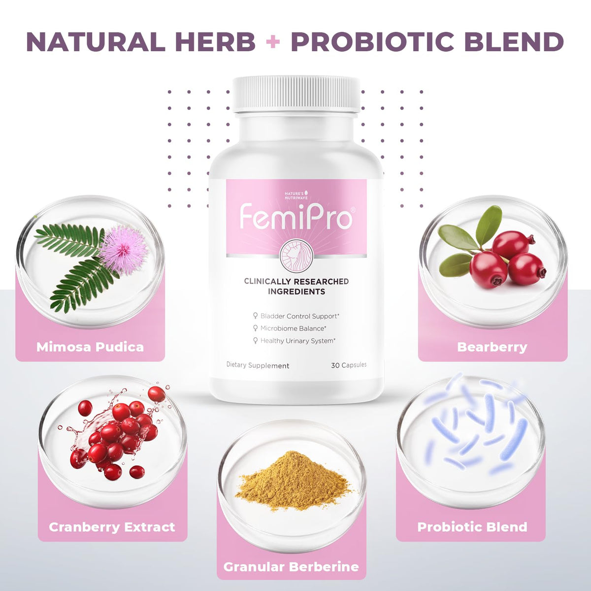 FemiPro Nature’s NutriWave capsules à côté d'une tasse d'eau