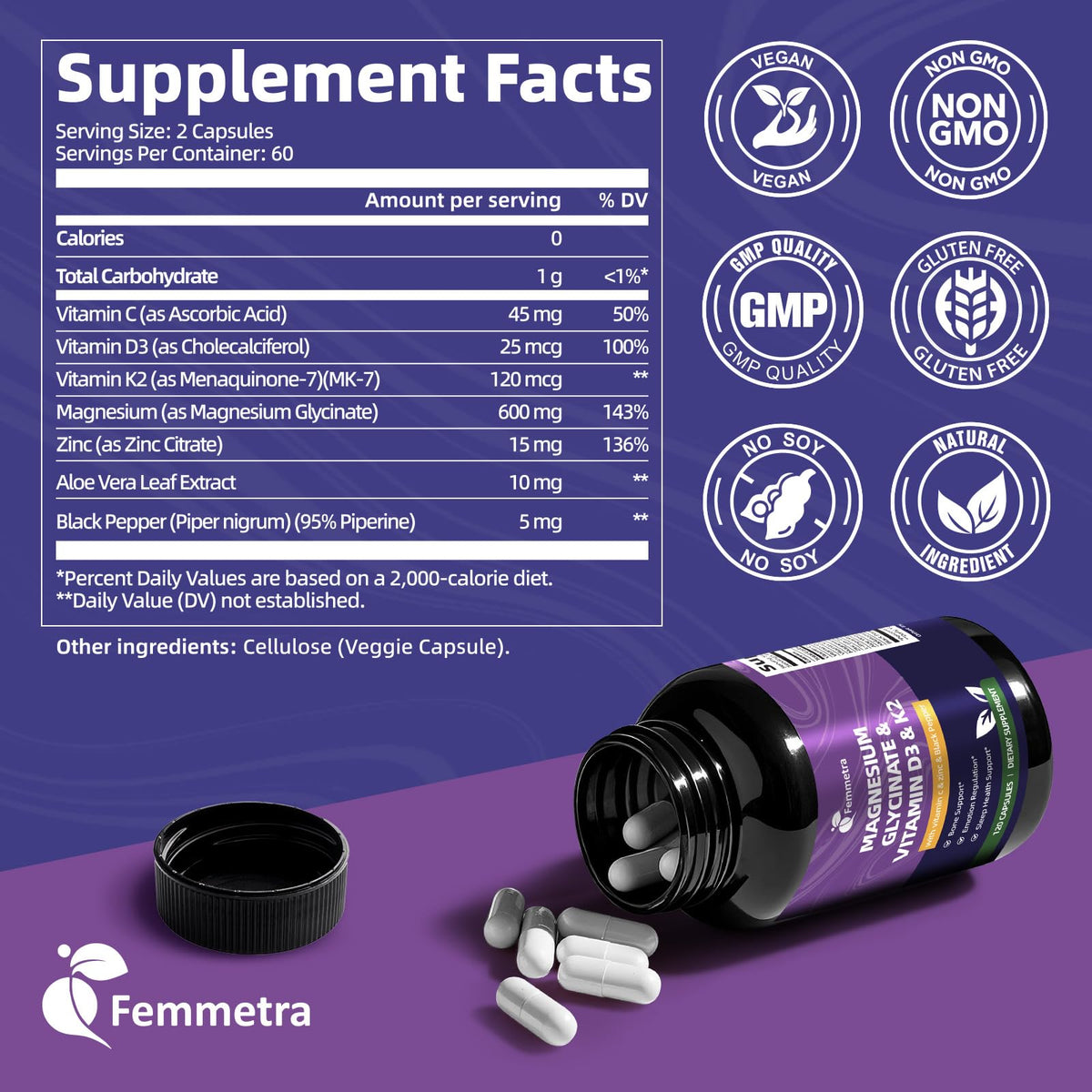 Femmetra 7-en-1 Magnésium Glycinate 600mg 120 capsules emballage