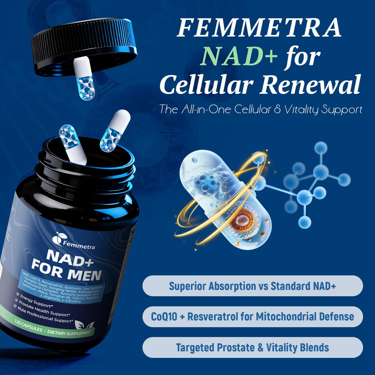 Femmetra NAD+ Compléments avec ingrédients clés sur une table